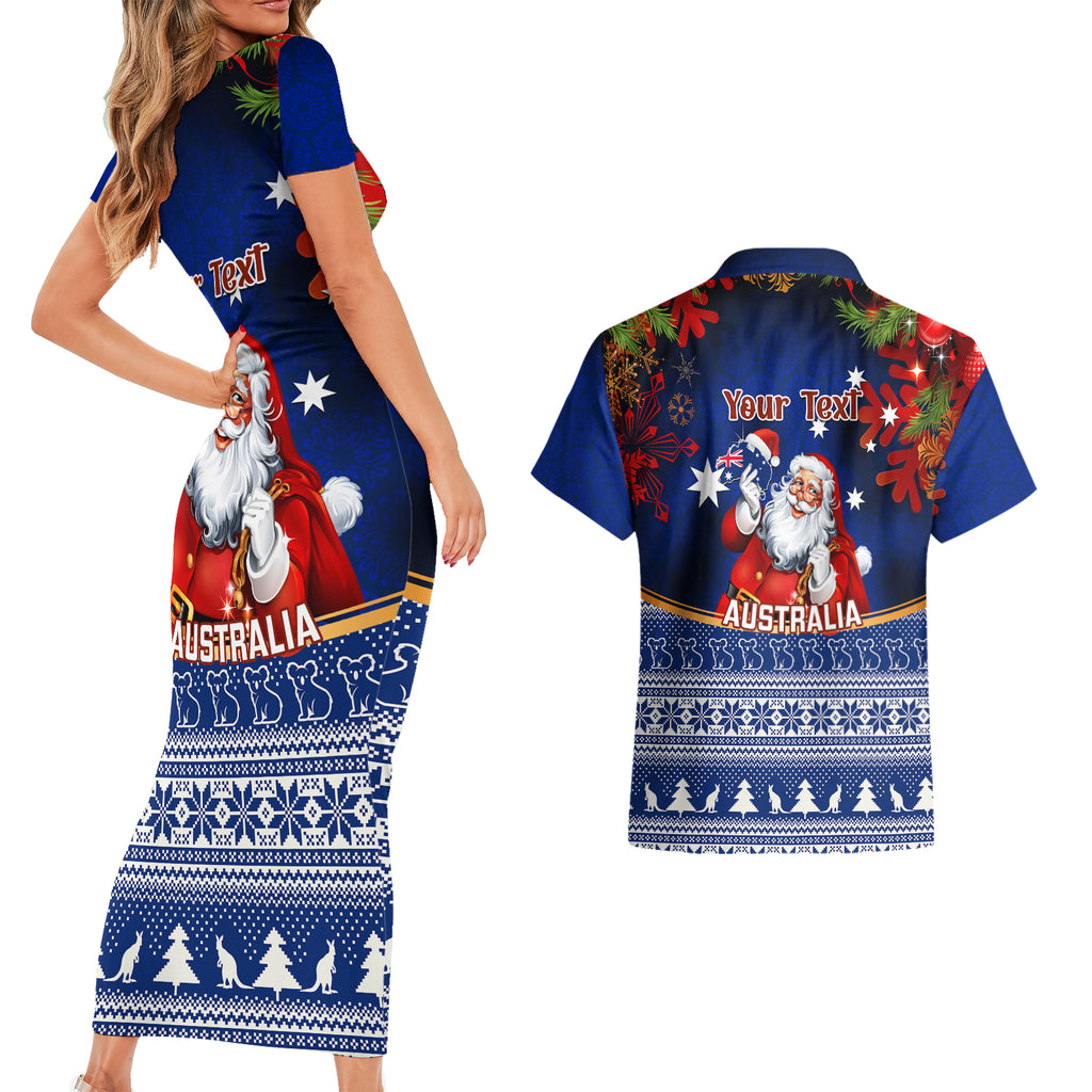 personalised-christmas-in-july-couples-matching-short-sleeve-bodycon-dress-and-hawaiian-shirt-happy-santa-claus-with-australia-map-blue-style