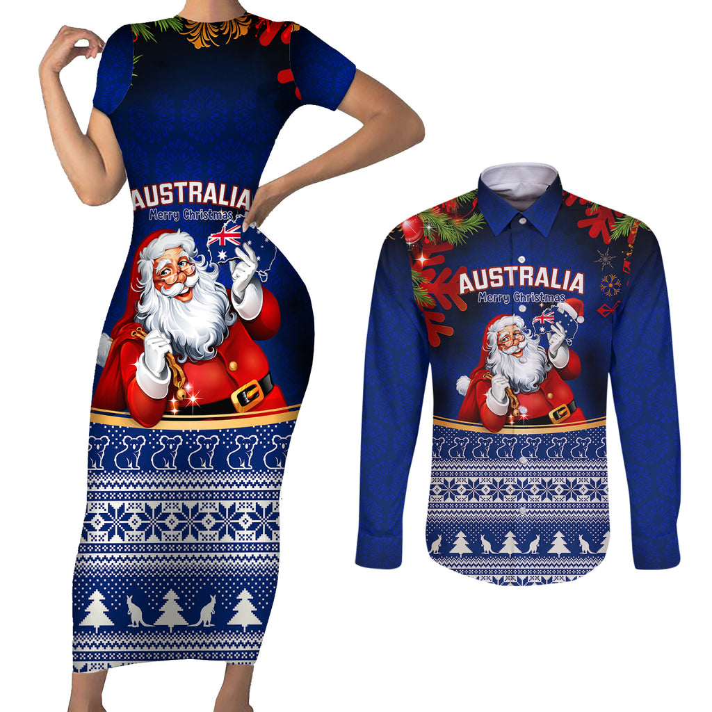 personalised-christmas-in-july-couples-matching-short-sleeve-bodycon-dress-and-long-sleeve-button-shirts-happy-santa-claus-with-australia-map-blue-style