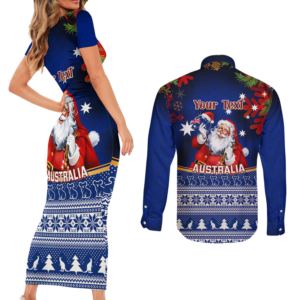 personalised-christmas-in-july-couples-matching-short-sleeve-bodycon-dress-and-long-sleeve-button-shirts-happy-santa-claus-with-australia-map-blue-style