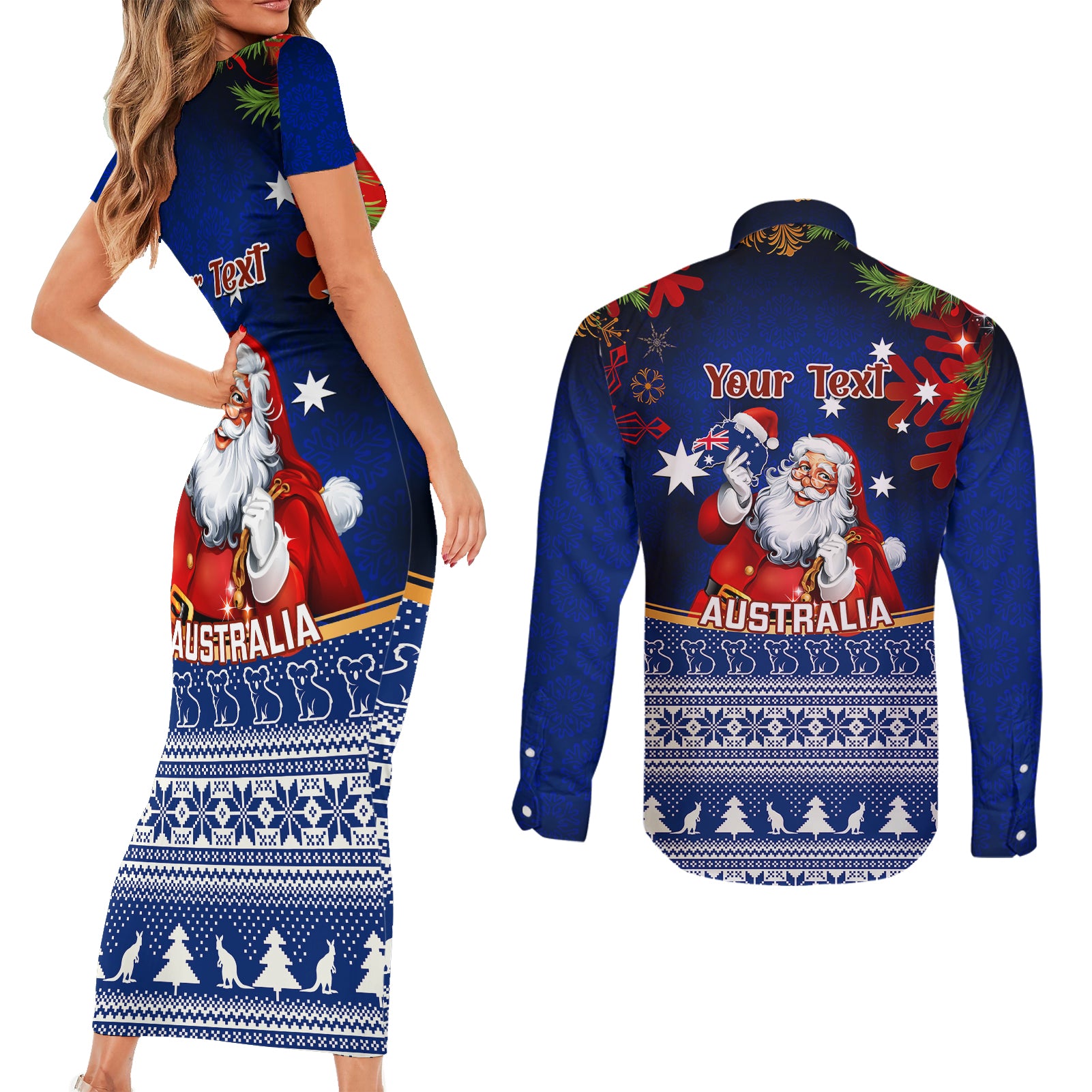 personalised-christmas-in-july-couples-matching-short-sleeve-bodycon-dress-and-long-sleeve-button-shirts-happy-santa-claus-with-australia-map-blue-style
