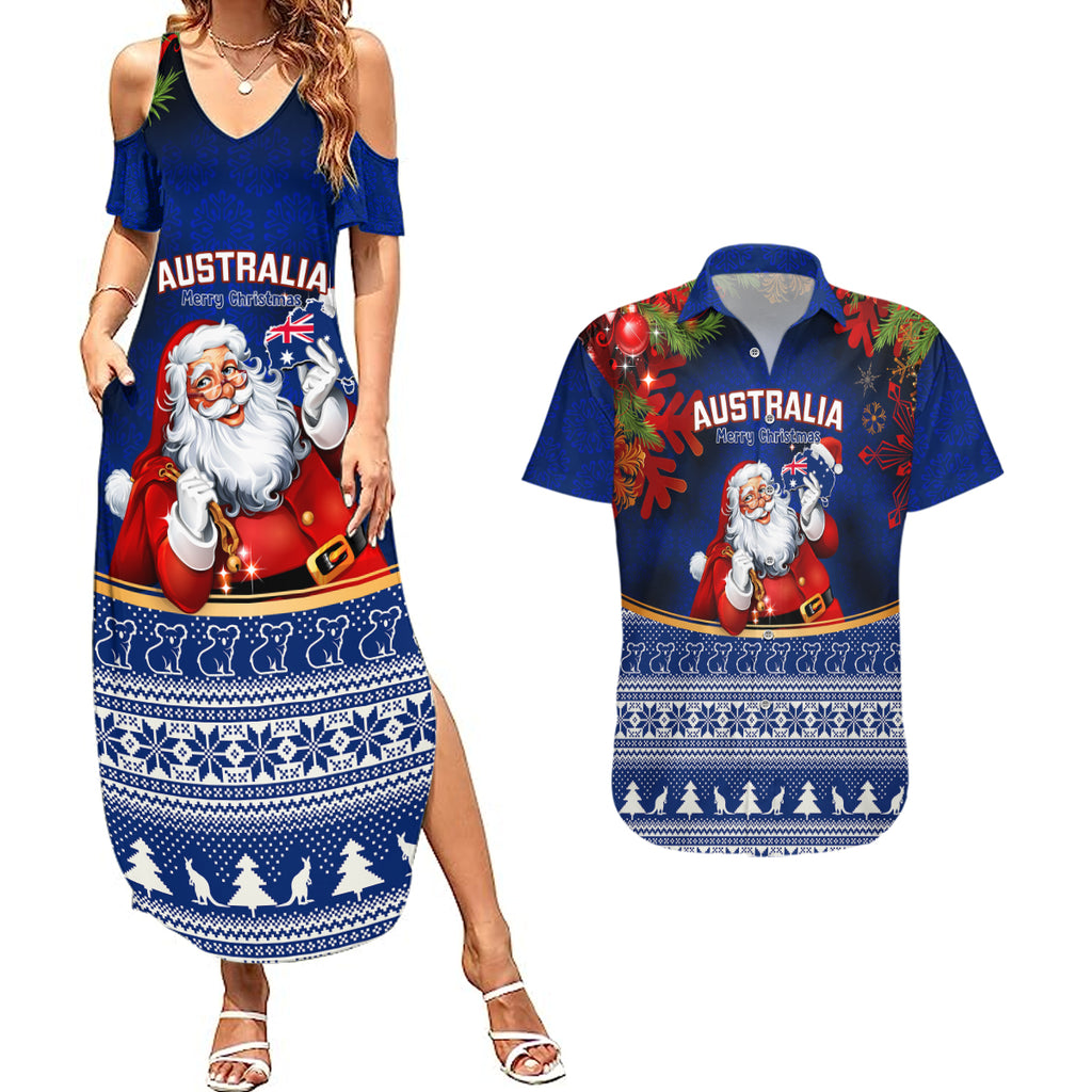personalised-christmas-in-july-couples-matching-summer-maxi-dress-and-hawaiian-shirt-happy-santa-claus-with-australia-map-blue-style