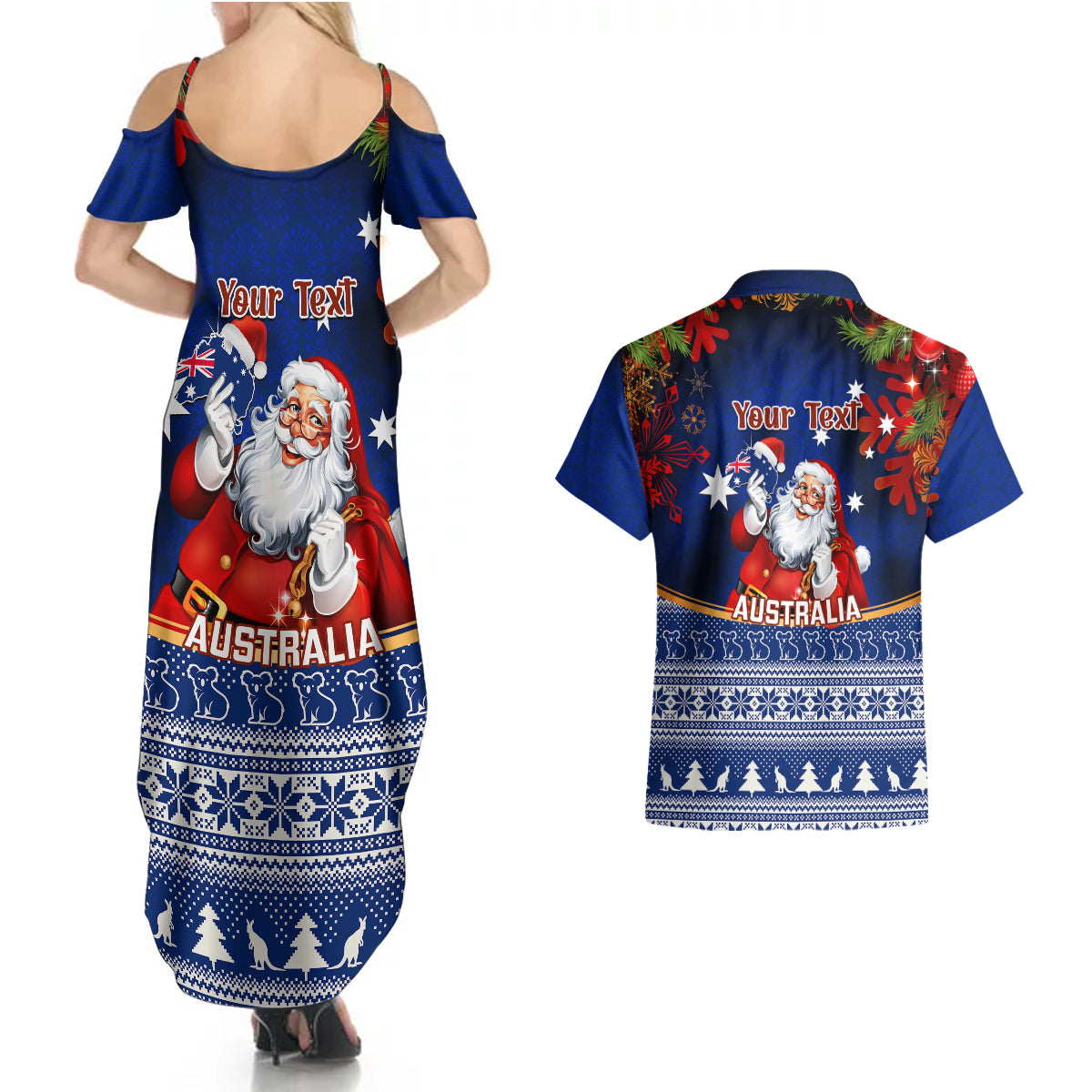 personalised-christmas-in-july-couples-matching-summer-maxi-dress-and-hawaiian-shirt-happy-santa-claus-with-australia-map-blue-style