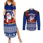 personalised-christmas-in-july-couples-matching-summer-maxi-dress-and-long-sleeve-button-shirts-happy-santa-claus-with-australia-map-blue-style