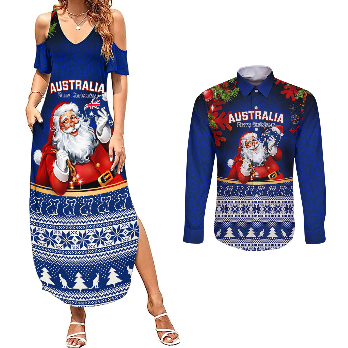 personalised-christmas-in-july-couples-matching-summer-maxi-dress-and-long-sleeve-button-shirts-happy-santa-claus-with-australia-map-blue-style