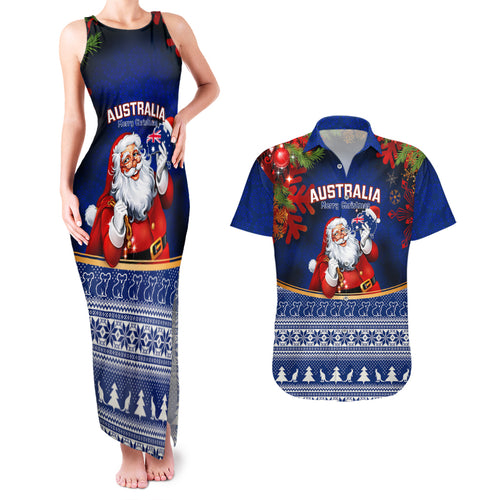 personalised-christmas-in-july-couples-matching-tank-maxi-dress-and-hawaiian-shirt-happy-santa-claus-with-australia-map-blue-style