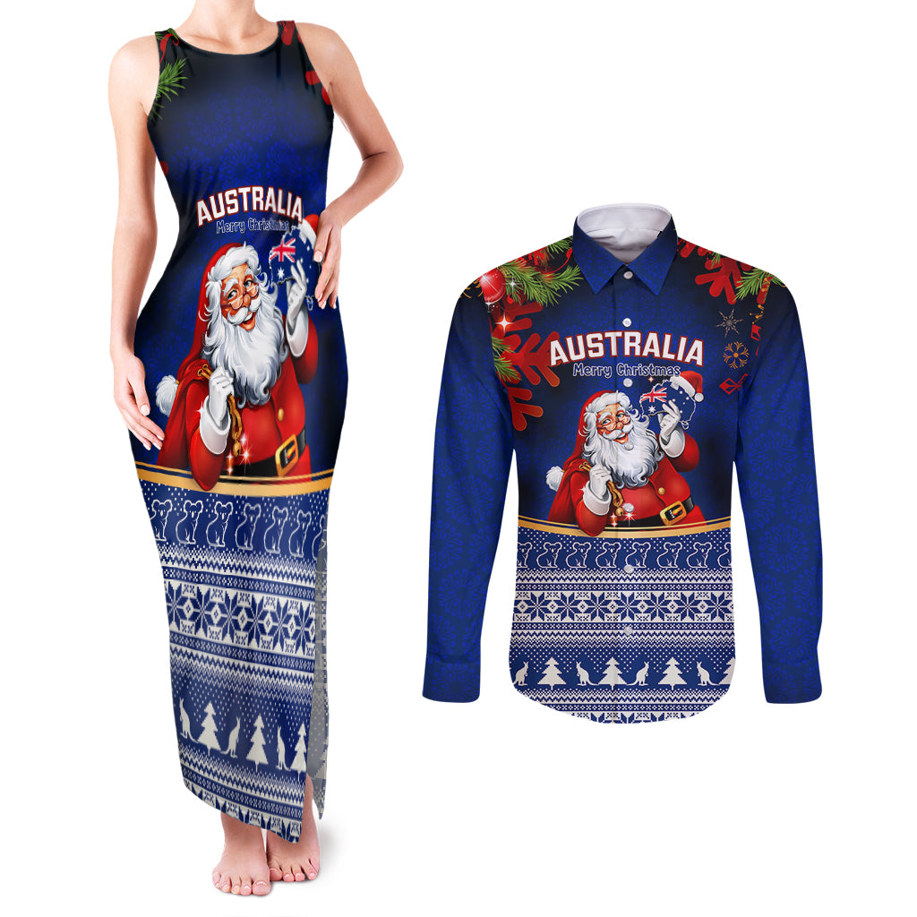 personalised-christmas-in-july-couples-matching-tank-maxi-dress-and-long-sleeve-button-shirts-happy-santa-claus-with-australia-map-blue-style