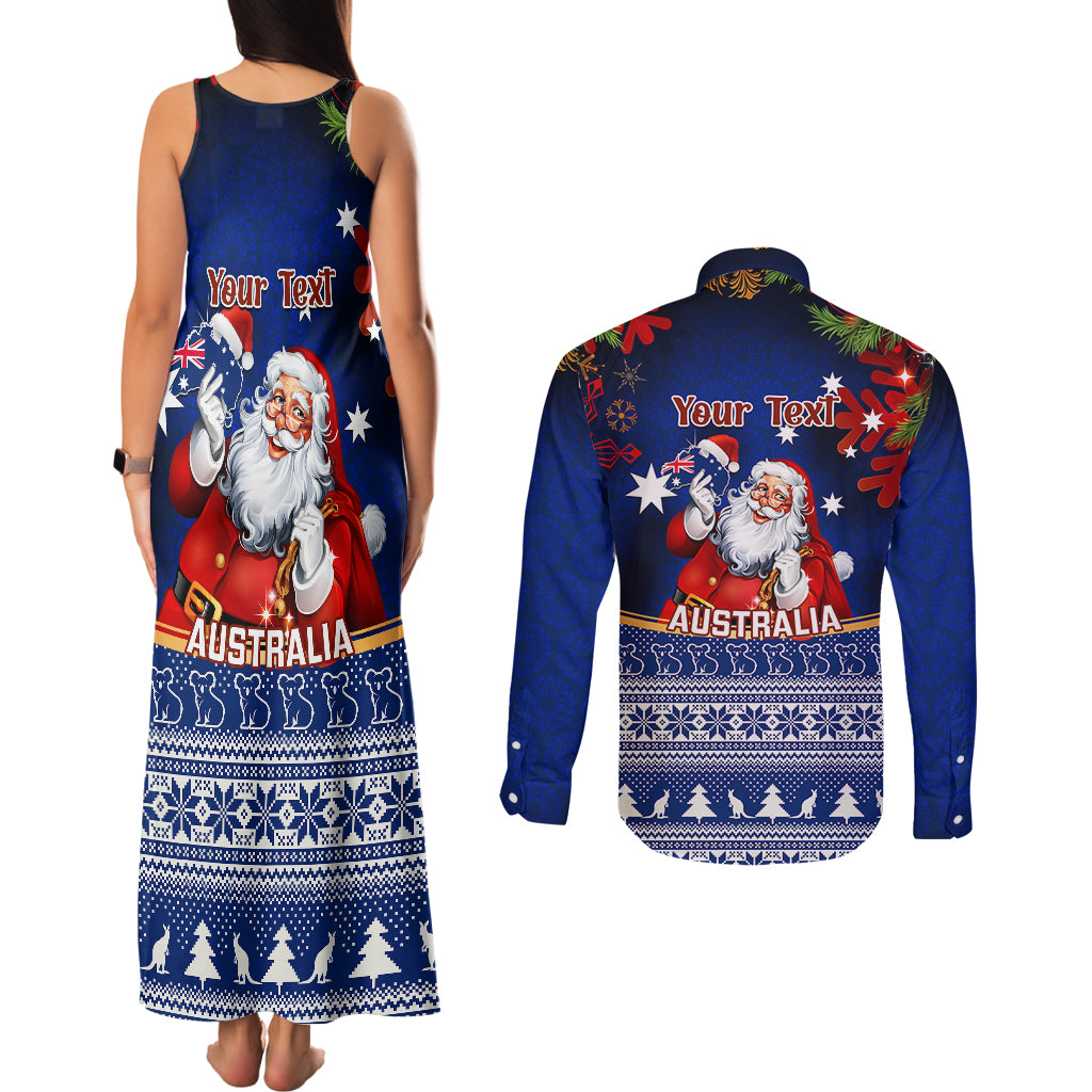 personalised-christmas-in-july-couples-matching-tank-maxi-dress-and-long-sleeve-button-shirts-happy-santa-claus-with-australia-map-blue-style