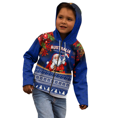personalised-christmas-in-july-kid-hoodie-happy-santa-claus-with-australia-map-blue-style
