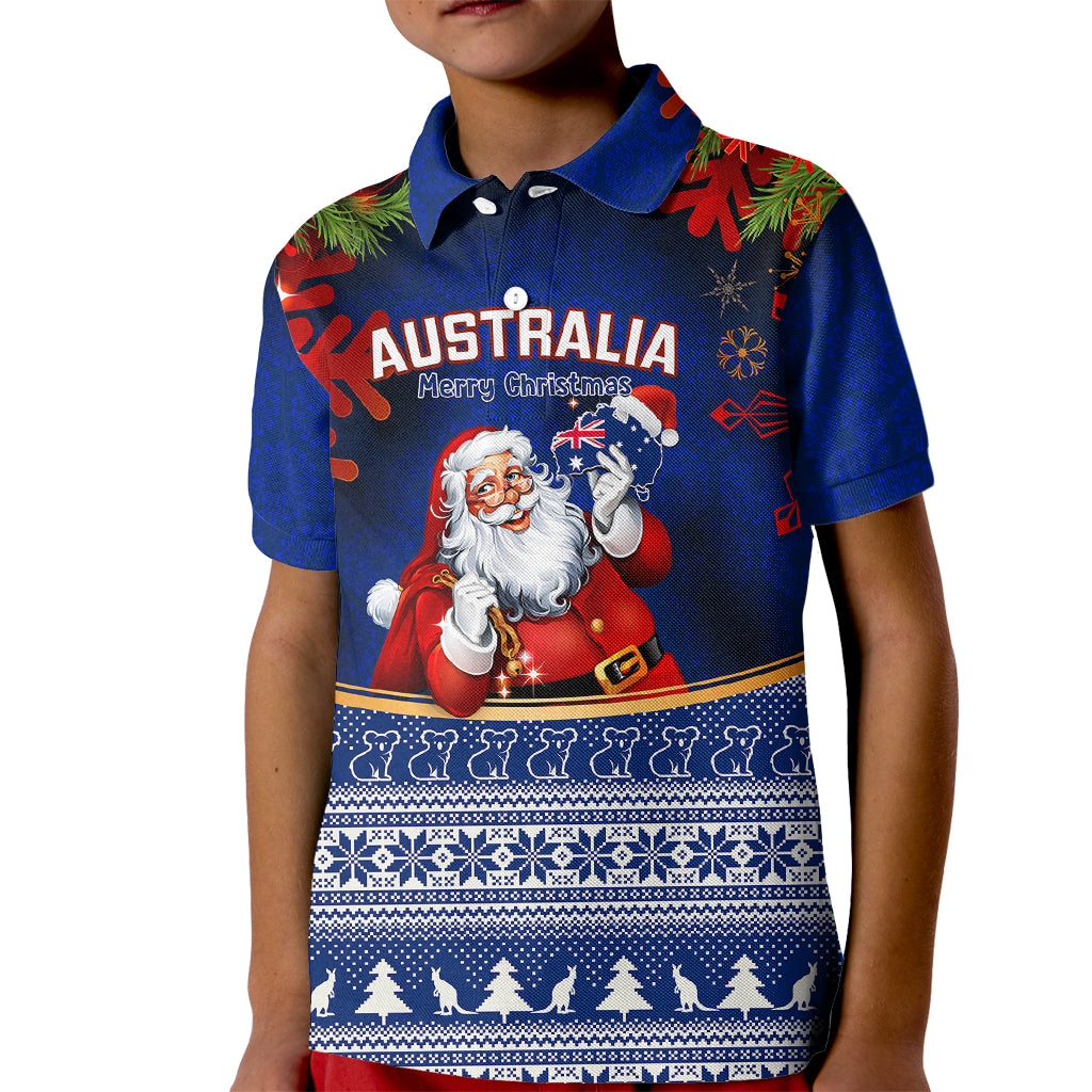 personalised-christmas-in-july-kid-polo-shirt-happy-santa-claus-with-australia-map-blue-style
