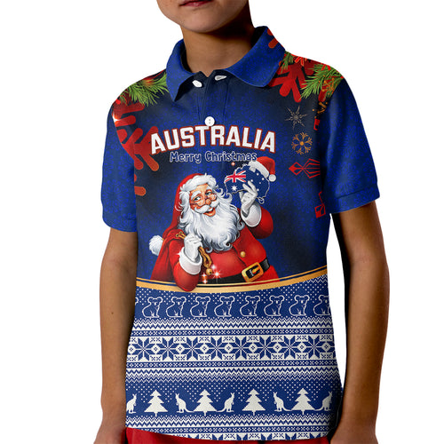 personalised-christmas-in-july-kid-polo-shirt-happy-santa-claus-with-australia-map-blue-style