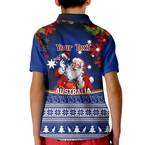 personalised-christmas-in-july-kid-polo-shirt-happy-santa-claus-with-australia-map-blue-style