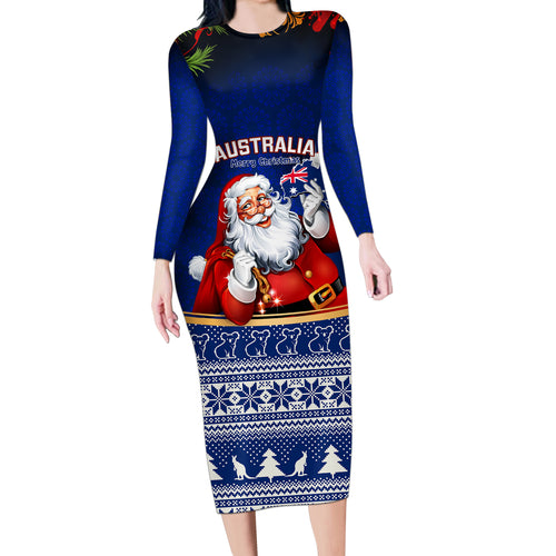 personalised-christmas-in-july-long-sleeve-bodycon-dress-happy-santa-claus-with-australia-map-blue-style