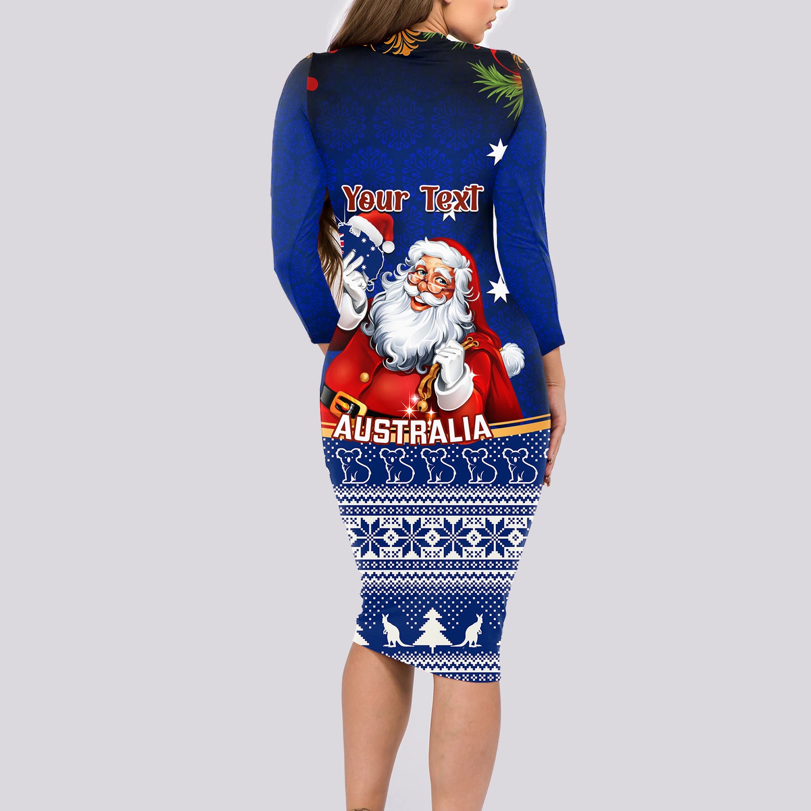 personalised-christmas-in-july-long-sleeve-bodycon-dress-happy-santa-claus-with-australia-map-blue-style
