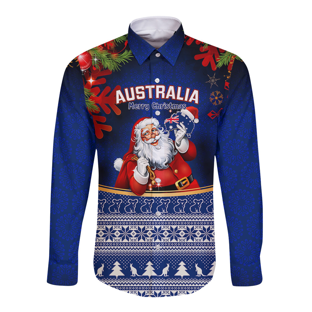 personalised-christmas-in-july-long-sleeve-button-shirt-happy-santa-claus-with-australia-map-blue-style