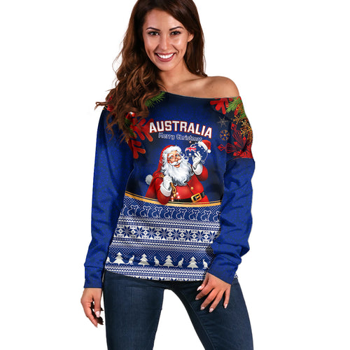 personalised-christmas-in-july-off-shoulder-sweater-happy-santa-claus-with-australia-map-blue-style