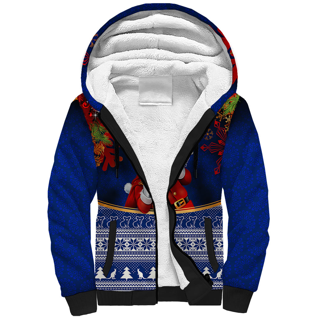 personalised-christmas-in-july-sherpa-hoodie-happy-santa-claus-with-australia-map-blue-style
