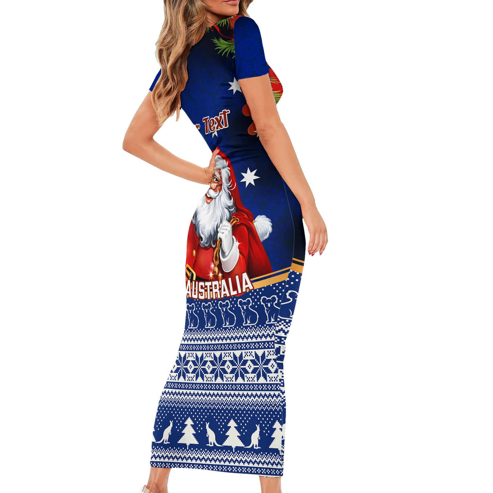 personalised-christmas-in-july-short-sleeve-bodycon-dress-happy-santa-claus-with-australia-map-blue-style
