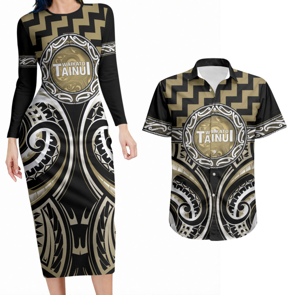 Aotearoa Waikato Tainui Personalised Couples Matching Long Sleeve Bodycon Dress and Hawaiian Shirt Maori Iwi Poutama Puhoro Tattoo