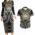 Aotearoa Waikato Tainui Personalised Couples Matching Long Sleeve Bodycon Dress and Hawaiian Shirt Maori Iwi Poutama Puhoro Tattoo