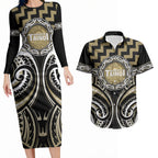 Aotearoa Waikato Tainui Personalised Couples Matching Long Sleeve Bodycon Dress and Hawaiian Shirt Maori Iwi Poutama Puhoro Tattoo