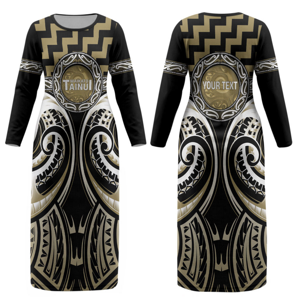 Aotearoa Waikato Tainui Personalised Couples Matching Long Sleeve Bodycon Dress and Hawaiian Shirt Maori Iwi Poutama Puhoro Tattoo