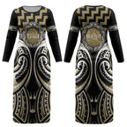 Aotearoa Waikato Tainui Personalised Couples Matching Long Sleeve Bodycon Dress and Hawaiian Shirt Maori Iwi Poutama Puhoro Tattoo