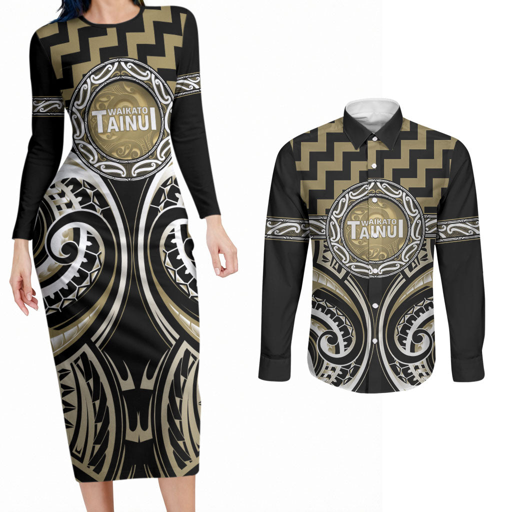 Aotearoa Waikato Tainui Personalised Couples Matching Long Sleeve Bodycon Dress and Long Sleeve Button Shirt Maori Iwi Poutama Puhoro Tattoo
