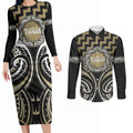 Aotearoa Waikato Tainui Personalised Couples Matching Long Sleeve Bodycon Dress and Long Sleeve Button Shirt Maori Iwi Poutama Puhoro Tattoo