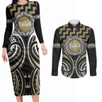 Aotearoa Waikato Tainui Personalised Couples Matching Long Sleeve Bodycon Dress and Long Sleeve Button Shirt Maori Iwi Poutama Puhoro Tattoo