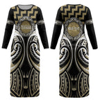 Aotearoa Waikato Tainui Personalised Couples Matching Long Sleeve Bodycon Dress and Long Sleeve Button Shirt Maori Iwi Poutama Puhoro Tattoo