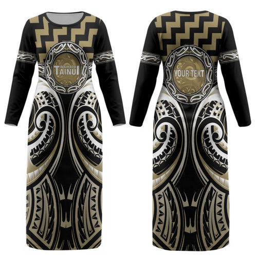 Aotearoa Waikato Tainui Personalised Couples Matching Long Sleeve Bodycon Dress and Long Sleeve Button Shirt Maori Iwi Poutama Puhoro Tattoo