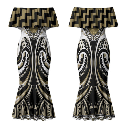 Aotearoa Waikato Tainui Personalised Couples Matching Mermaid Dress and Hawaiian Shirt Maori Iwi Poutama Puhoro Tattoo