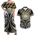 Aotearoa Waikato Tainui Personalised Couples Matching Off Shoulder Maxi Dress and Hawaiian Shirt Maori Iwi Poutama Puhoro Tattoo