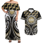 Aotearoa Waikato Tainui Personalised Couples Matching Off Shoulder Maxi Dress and Hawaiian Shirt Maori Iwi Poutama Puhoro Tattoo