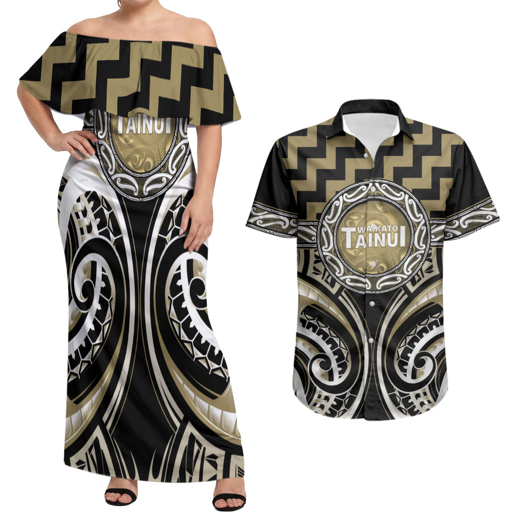 Aotearoa Waikato Tainui Personalised Couples Matching Off Shoulder Maxi Dress and Hawaiian Shirt Maori Iwi Poutama Puhoro Tattoo