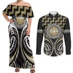 Aotearoa Waikato Tainui Personalised Couples Matching Off Shoulder Maxi Dress and Long Sleeve Button Shirt Maori Iwi Poutama Puhoro Tattoo