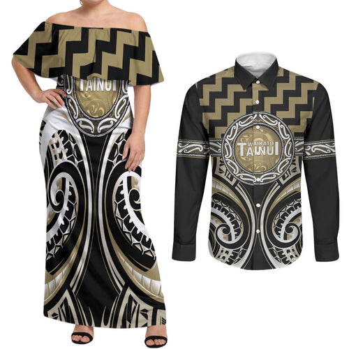 Aotearoa Waikato Tainui Personalised Couples Matching Off Shoulder Maxi Dress and Long Sleeve Button Shirt Maori Iwi Poutama Puhoro Tattoo
