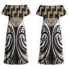 Aotearoa Waikato Tainui Personalised Couples Matching Off Shoulder Maxi Dress and Long Sleeve Button Shirt Maori Iwi Poutama Puhoro Tattoo