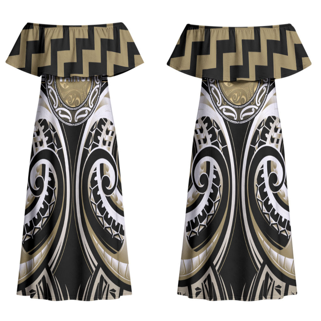 Aotearoa Waikato Tainui Personalised Couples Matching Off Shoulder Maxi Dress and Long Sleeve Button Shirt Maori Iwi Poutama Puhoro Tattoo
