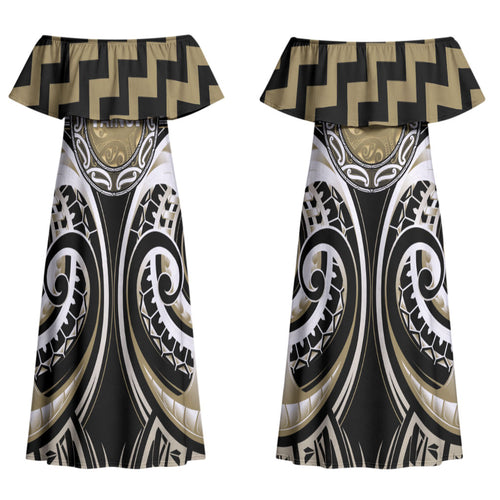 Aotearoa Waikato Tainui Personalised Couples Matching Off Shoulder Maxi Dress and Long Sleeve Button Shirt Maori Iwi Poutama Puhoro Tattoo
