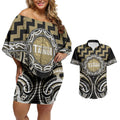 Aotearoa Waikato Tainui Personalised Couples Matching Off Shoulder Short Dress and Hawaiian Shirt Maori Iwi Poutama Puhoro Tattoo
