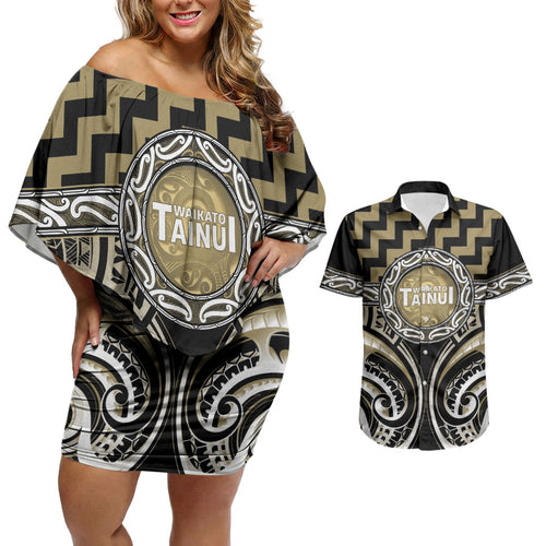 Aotearoa Waikato Tainui Personalised Couples Matching Off Shoulder Short Dress and Hawaiian Shirt Maori Iwi Poutama Puhoro Tattoo
