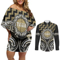 Aotearoa Waikato Tainui Personalised Couples Matching Off Shoulder Short Dress and Long Sleeve Button Shirt Maori Iwi Poutama Puhoro Tattoo