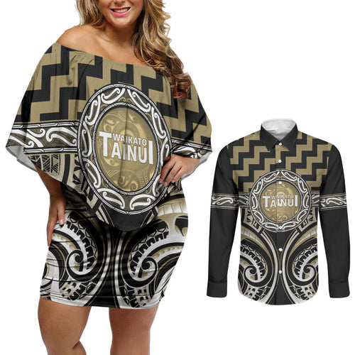 Aotearoa Waikato Tainui Personalised Couples Matching Off Shoulder Short Dress and Long Sleeve Button Shirt Maori Iwi Poutama Puhoro Tattoo