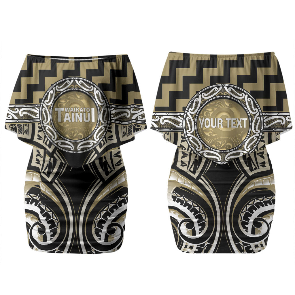 Aotearoa Waikato Tainui Personalised Couples Matching Off Shoulder Short Dress and Long Sleeve Button Shirt Maori Iwi Poutama Puhoro Tattoo