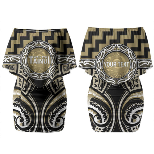 Aotearoa Waikato Tainui Personalised Couples Matching Off Shoulder Short Dress and Long Sleeve Button Shirt Maori Iwi Poutama Puhoro Tattoo