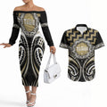 Aotearoa Waikato Tainui Personalised Couples Matching Off The Shoulder Long Sleeve Dress and Hawaiian Shirt Maori Iwi Poutama Puhoro Tattoo