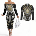 Aotearoa Waikato Tainui Personalised Couples Matching Off The Shoulder Long Sleeve Dress and Long Sleeve Button Shirt Maori Iwi Poutama Puhoro Tattoo