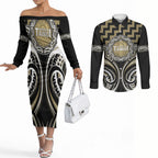 Aotearoa Waikato Tainui Personalised Couples Matching Off The Shoulder Long Sleeve Dress and Long Sleeve Button Shirt Maori Iwi Poutama Puhoro Tattoo