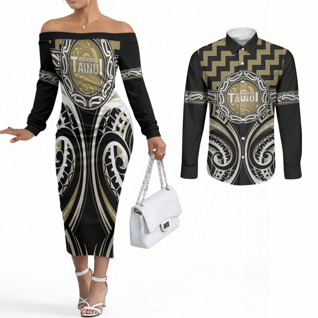 Aotearoa Waikato Tainui Personalised Couples Matching Off The Shoulder Long Sleeve Dress and Long Sleeve Button Shirt Maori Iwi Poutama Puhoro Tattoo